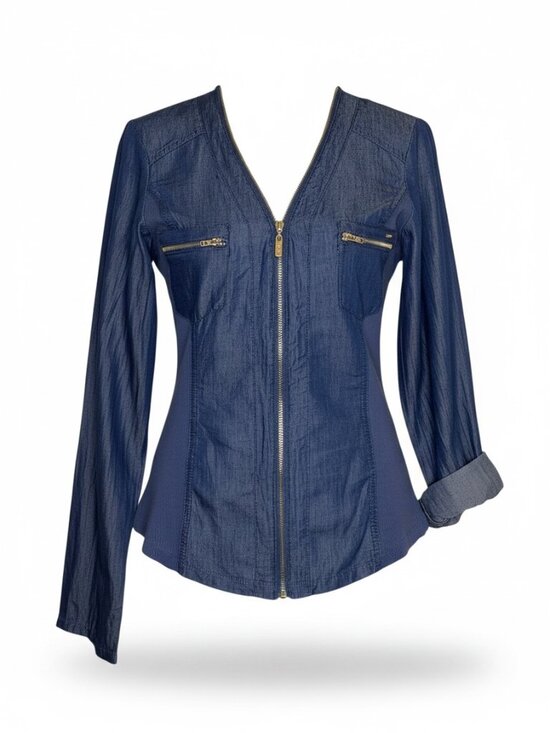 Guess Tops - Guess Chambray Shirt Top Blouse Zip Front Roll Tab Sleeve Blue S NWOT
